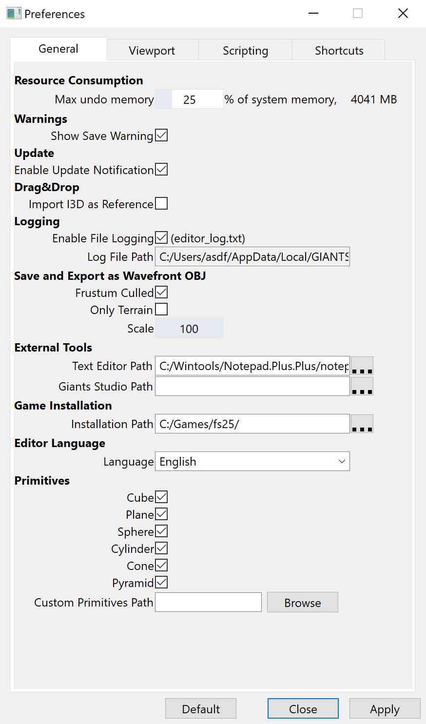 Giants Editor Preferences General Tab